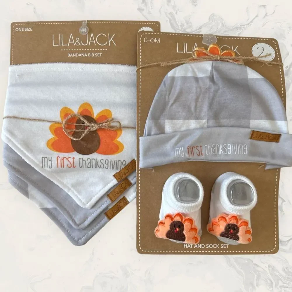 NWT Lila and Jack Bundle : My First Thanksgiving Bandana Bib Set 3 Pieces and Ha